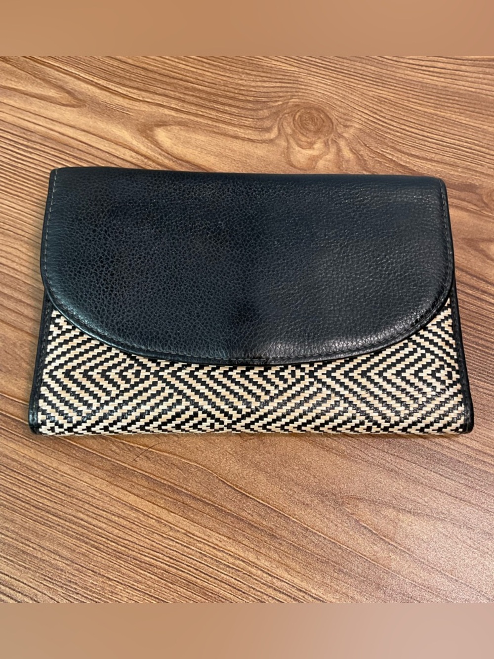 Fossil Black Leather & Woven Clutch Wallet Boho Pattern Envelope Style